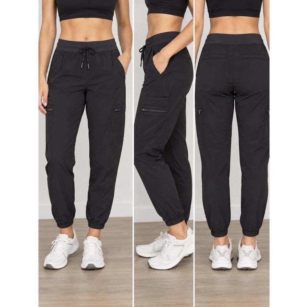 Athleta Venture Pants Women’s 22 Black Cargo Joggers Drawstring Zip Pockets